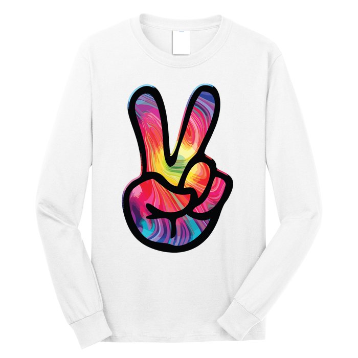 60s 70s Tie Dye Peace Hand Sign Hippie Long Sleeve Shirt