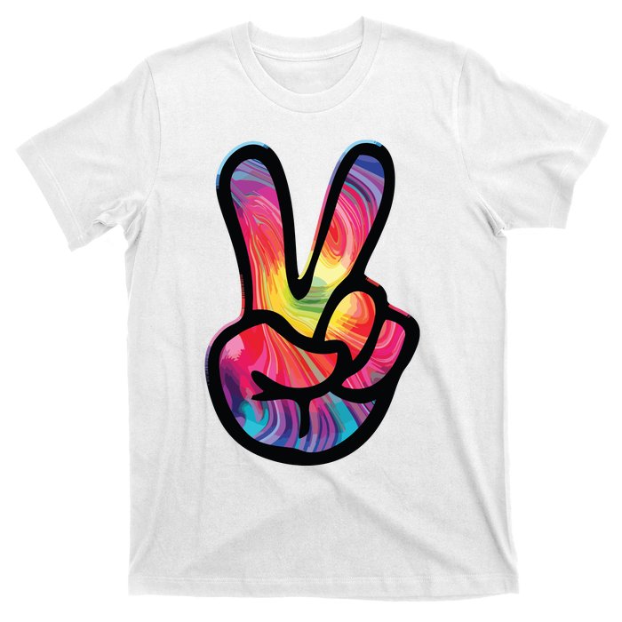 60s 70s Tie Dye Peace Hand Sign Hippie T-Shirt