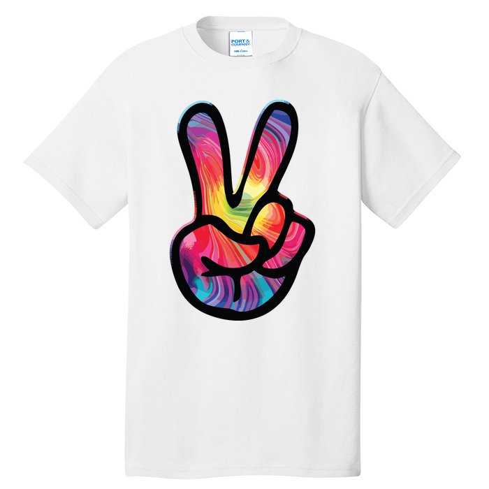 60s 70s Tie Dye Peace Hand Sign Hippie Tall T-Shirt