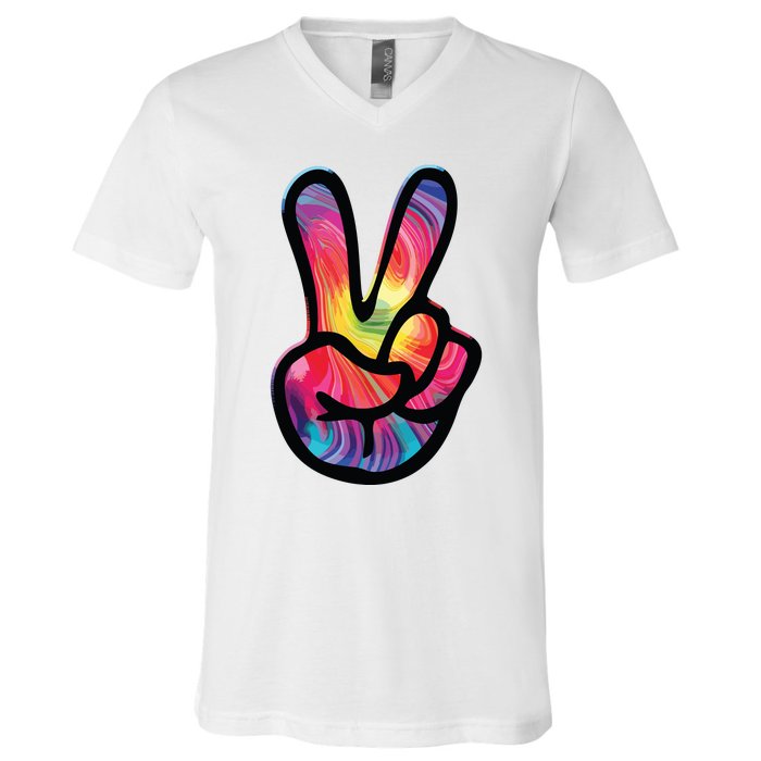 60s 70s Tie Dye Peace Hand Sign Hippie V-Neck T-Shirt