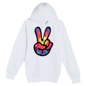 60s 70s Tie Dye Peace Hand Sign Hippie Premium Pullover Hoodie