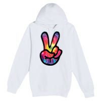 60s 70s Tie Dye Peace Hand Sign Hippie Premium Pullover Hoodie