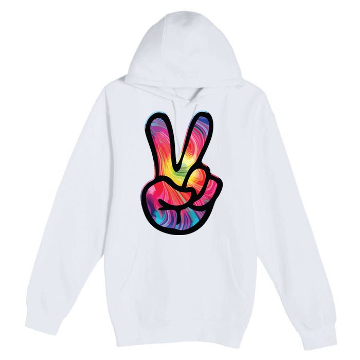 60s 70s Tie Dye Peace Hand Sign Hippie Premium Pullover Hoodie