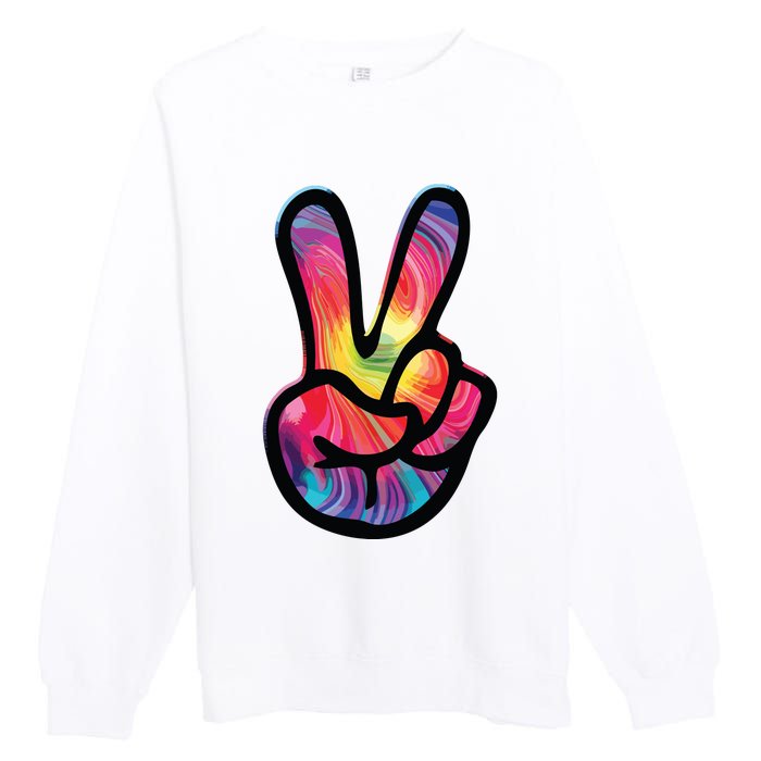 60s 70s Tie Dye Peace Hand Sign Hippie Premium Crewneck Sweatshirt