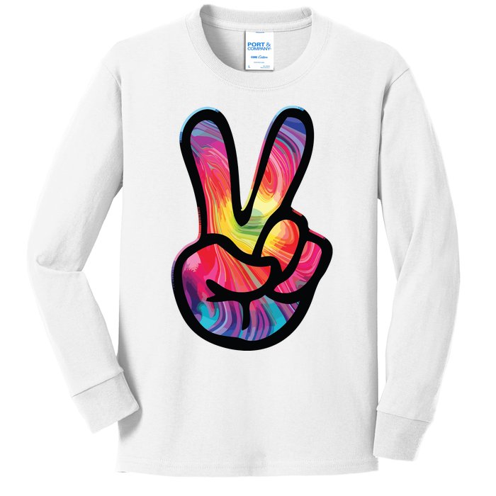 60s 70s Tie Dye Peace Hand Sign Hippie Kids Long Sleeve Shirt