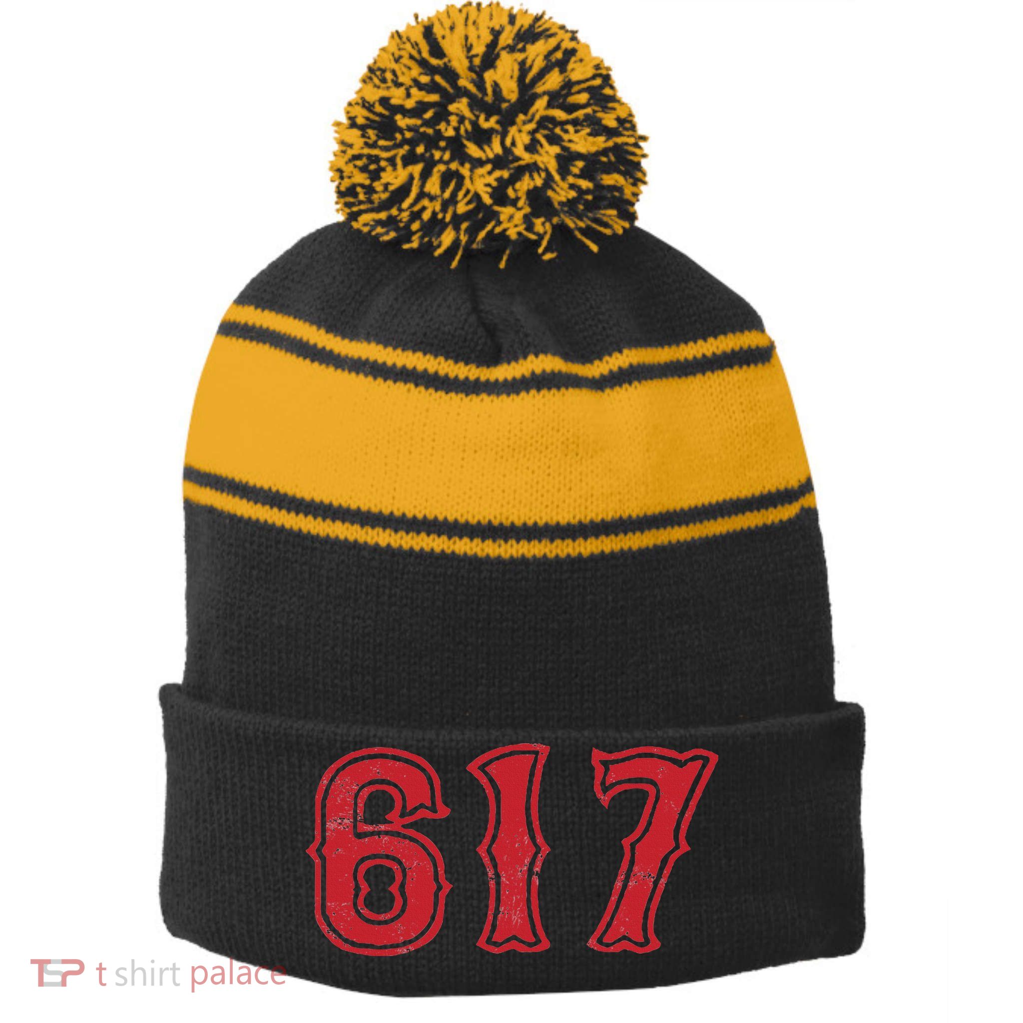 617 Area Code Boston Fan Baseball Stripe Pom Pom Beanie