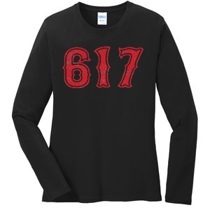 617 Area Code Boston Fan Baseball Ladies Long Sleeve Shirt