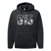 615 Area Code Pride Nashville Tennessee Skyline Vintage Performance Fleece Hoodie