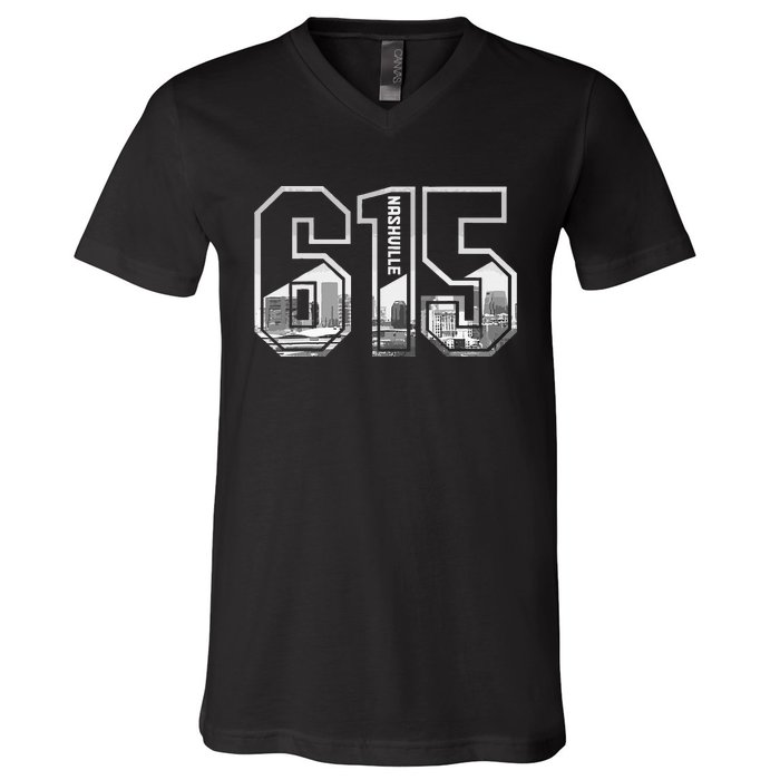 615 Area Code Pride Nashville Tennessee Skyline Vintage V-Neck T-Shirt