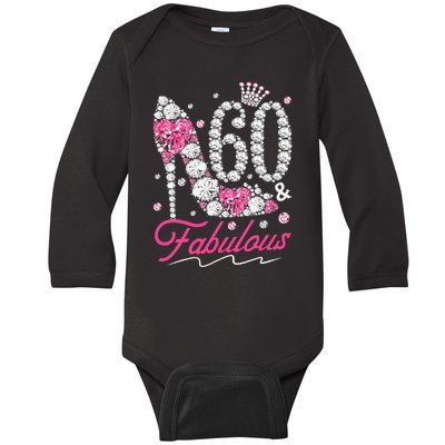 60th Birthday 60 & Fabulous Pink 60 Years Old Diamond Shoes Baby Long Sleeve Bodysuit