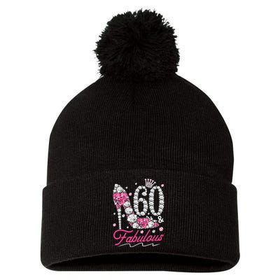 60th Birthday 60 & Fabulous Pink 60 Years Old Diamond Shoes Pom Pom 12in Knit Beanie