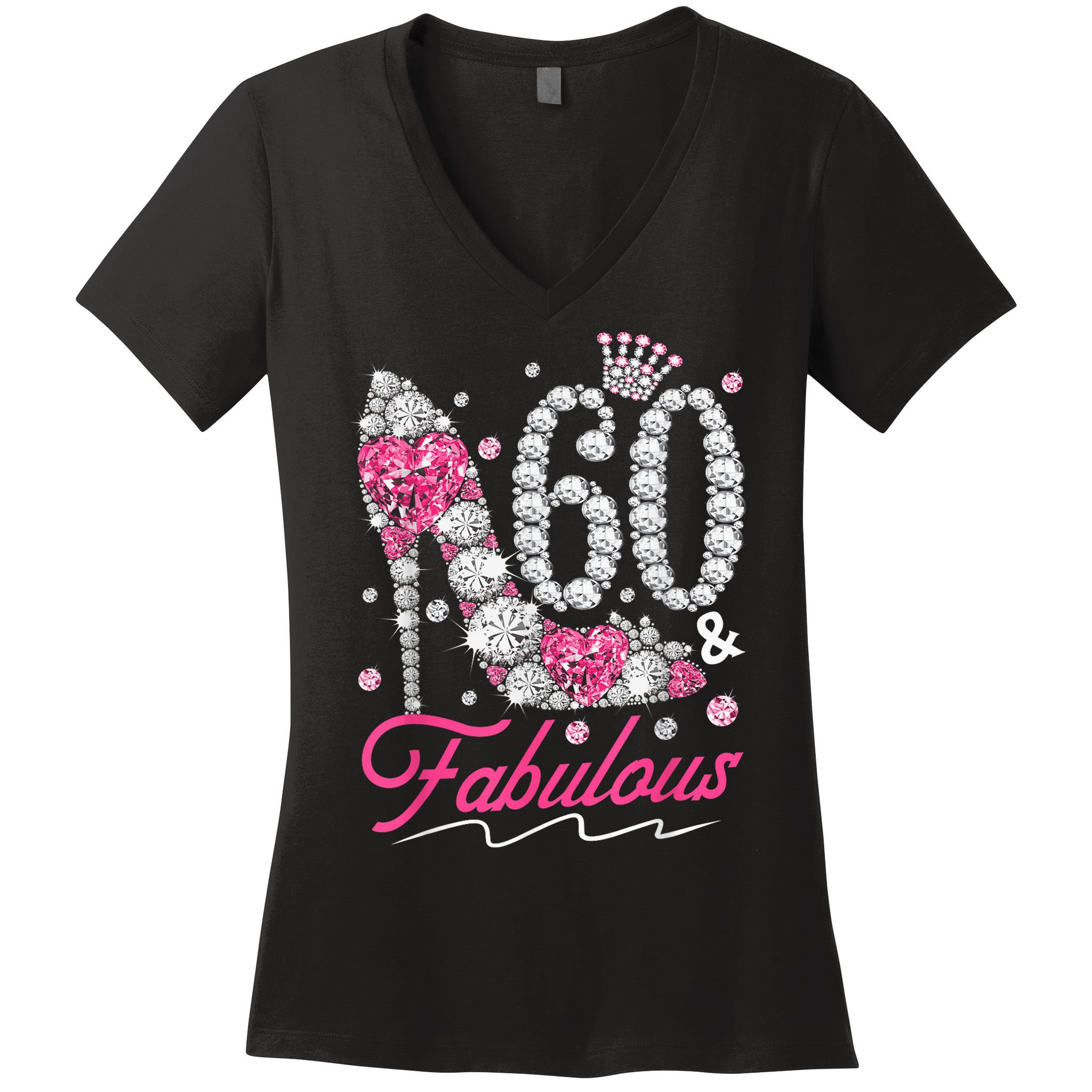 60th Birthday 60 & Fabulous Pink 60 Years Old Diamond Shoes Women's V-Neck T-Shirt