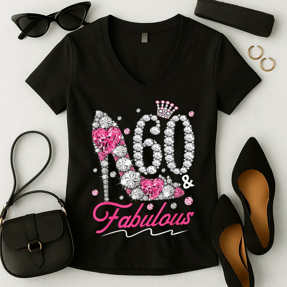 60th Birthday 60 & Fabulous Pink 60 Years Old Diamond Shoes Women's V-Neck T-Shirt