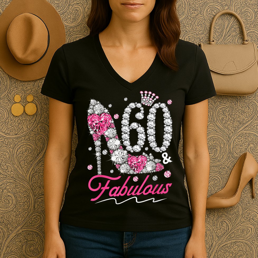 60th Birthday 60 & Fabulous Pink 60 Years Old Diamond Shoes Women's V-Neck T-Shirt