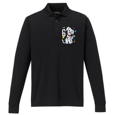 6th Birthday 6 Year Old Dalmatian Performance Long Sleeve Polo