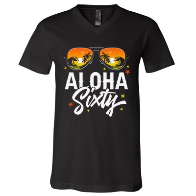 60th Birthday Aloha Beach Tropical Vacation Party Sunglasses V-Neck T-Shirt