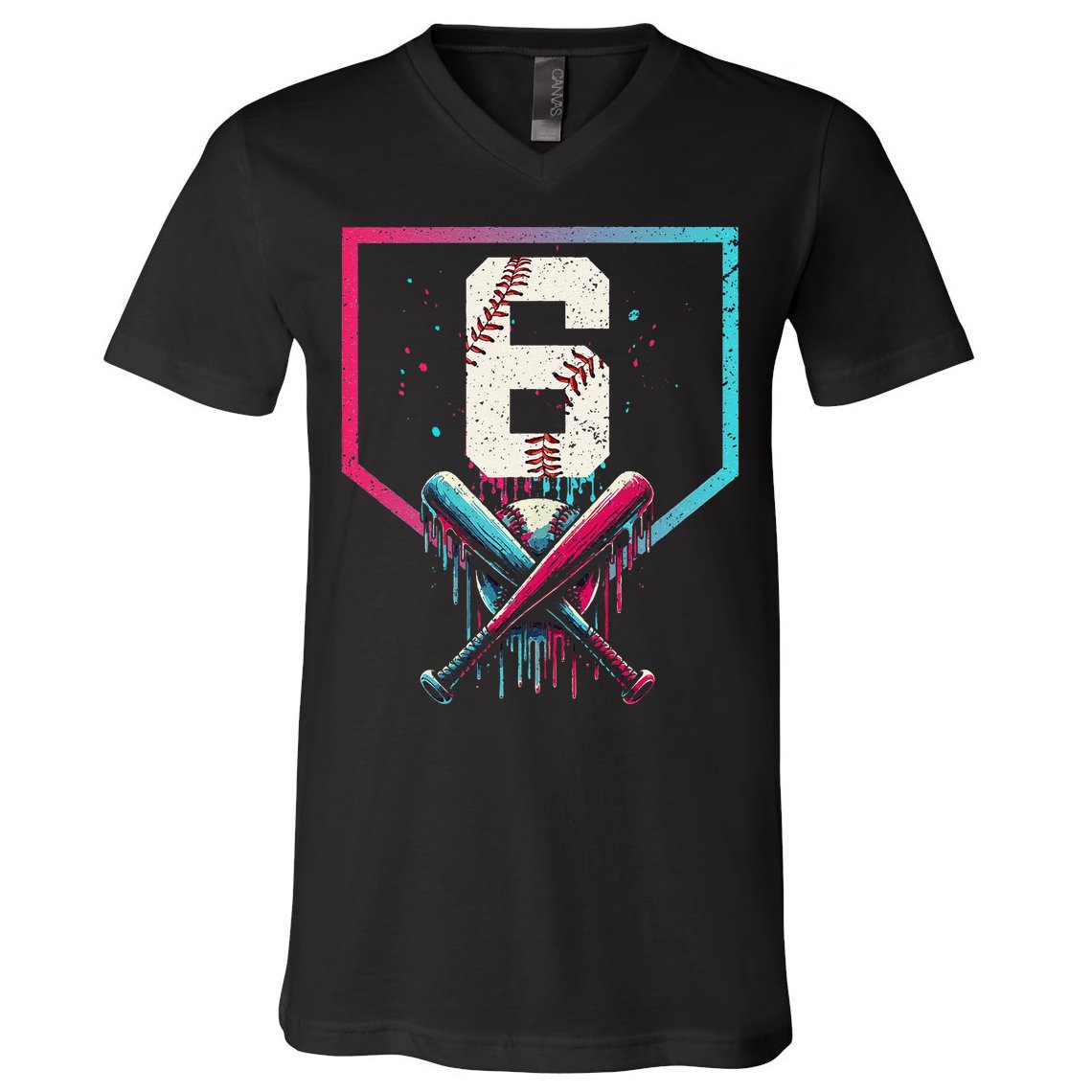 6th Birthday Baseball Home Plate Drip Ice Cream Sprinkle Gift V-Neck T-Shirt