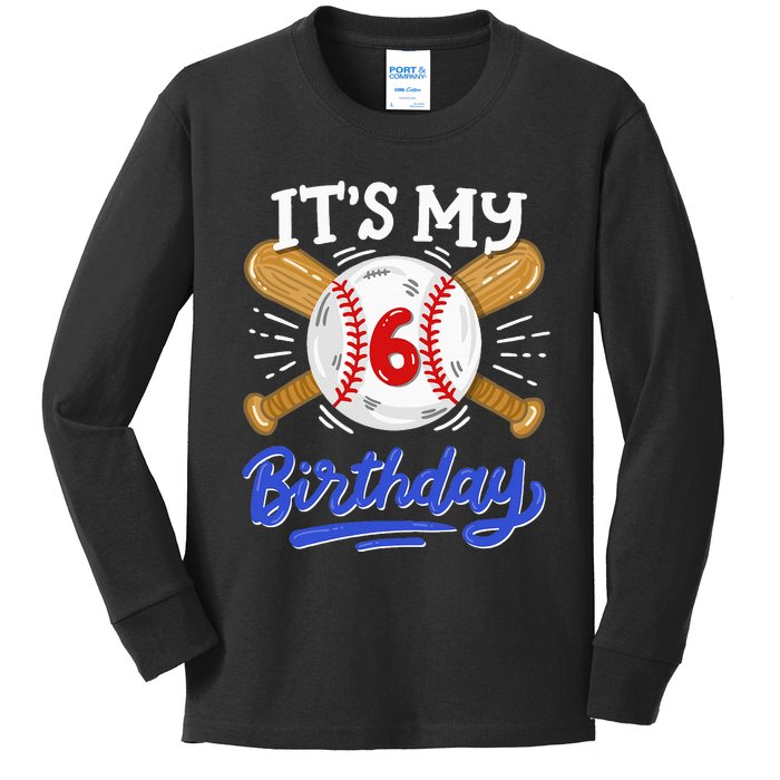 6th Baseball Birthday Party Sport Fan 6 Years Old Kids Long Sleeve Shirt