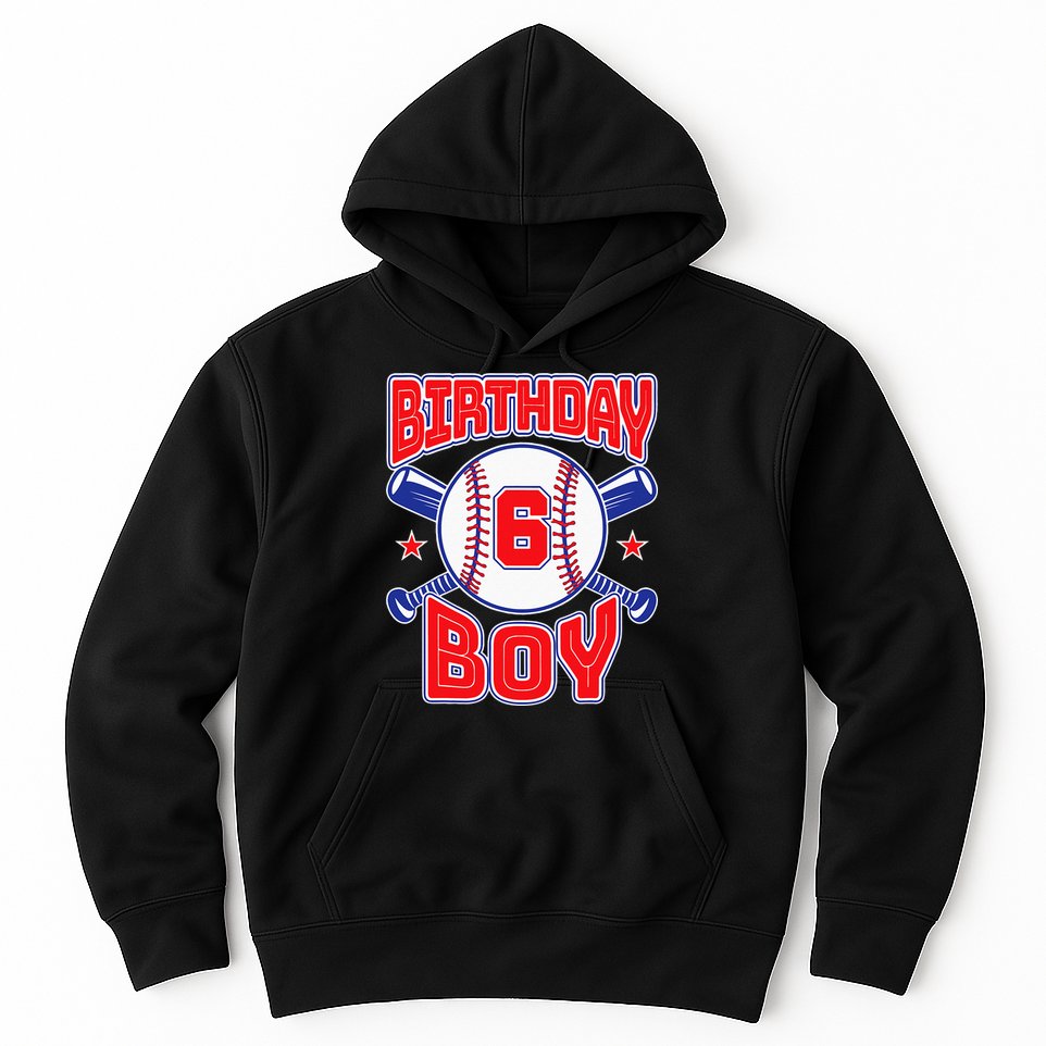 6th Birthday Baseball Big Number Six 6 Year Old Boy Girl Hoodie