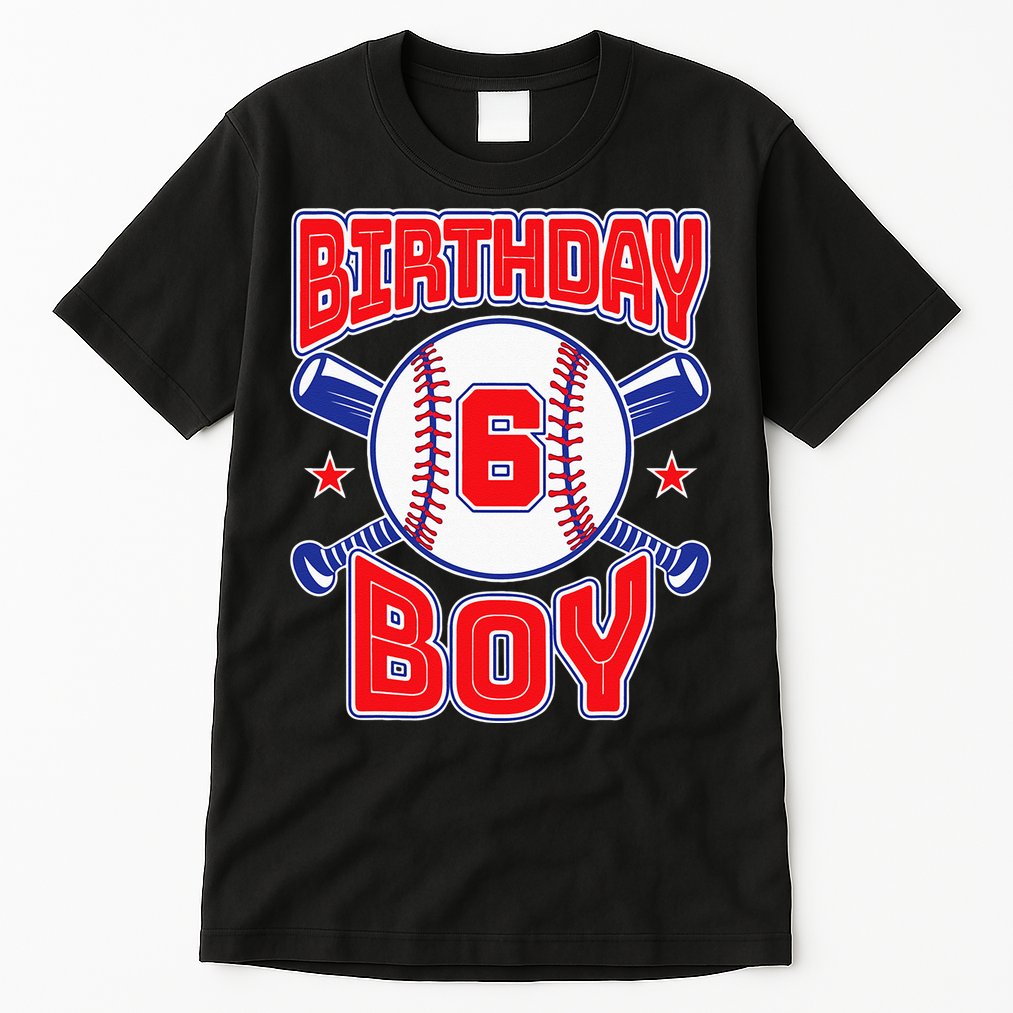 6th Birthday Baseball Big Number Six 6 Year Old Boy Girl Tall T-Shirt