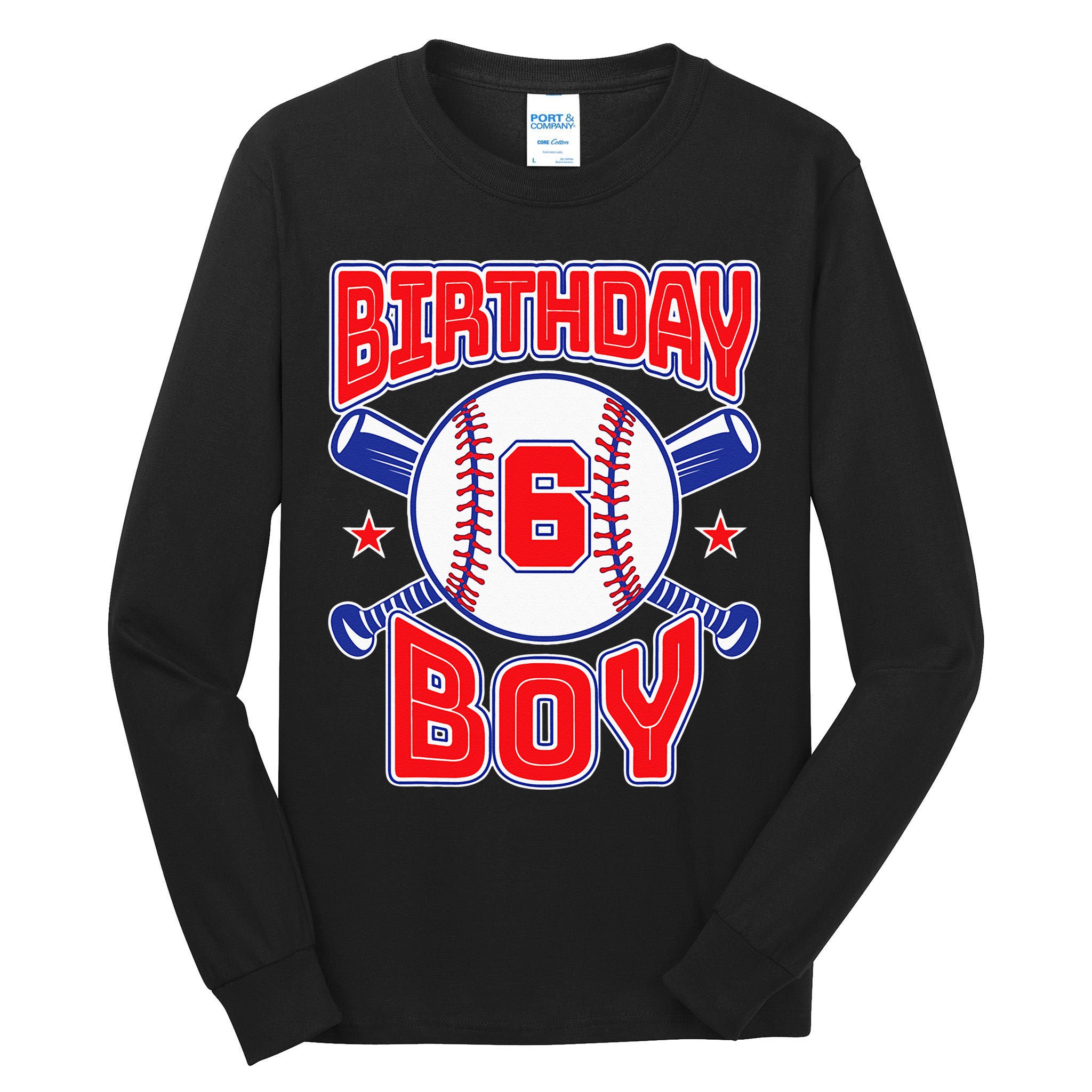 6th Birthday Baseball Big Number Six 6 Year Old Boy Girl Tall Long Sleeve T-Shirt