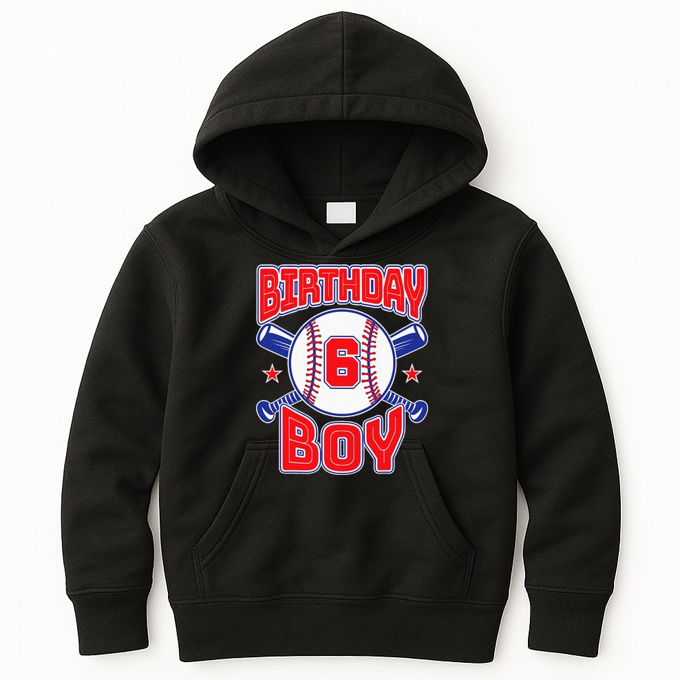 6th Birthday Baseball Big Number Six 6 Year Old Boy Girl Kids Hoodie
