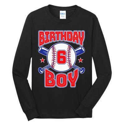 6th Birthday Baseball Big Number Six 6 Year Old Boy Girl Tall Long Sleeve T-Shirt