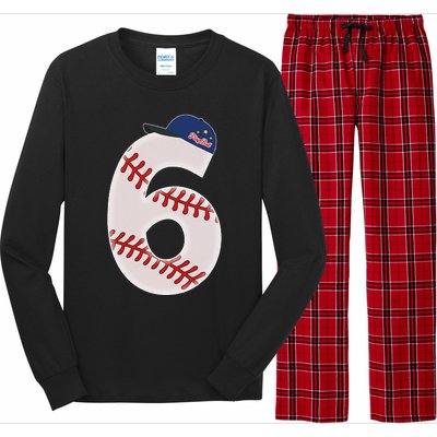 6th Birthday Baseball Big Number 6 Year Old Long Sleeve Pajama Set