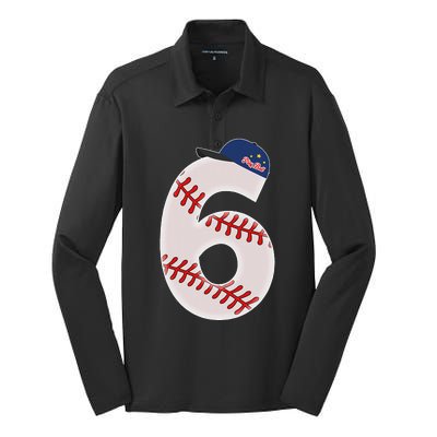 6th Birthday Baseball Big Number 6 Year Old Silk Touch Performance Long Sleeve Polo