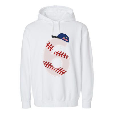 6th Birthday Baseball Big Number 6 Year Old Garment-Dyed Fleece Hoodie