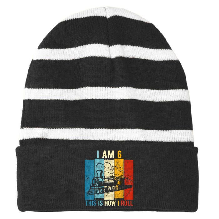 6th Birthday Boy Train 6 Year Old Birthday Striped Beanie with Solid Band