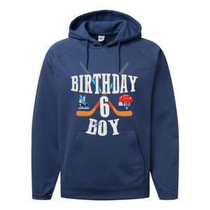 6th Birthday Boy Ice Hockey 6 Years Old Birthday Squad Party Performance Fleece Hoodie