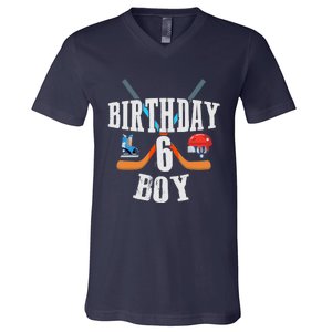 6th Birthday Boy Ice Hockey 6 Years Old Birthday Squad Party V-Neck T-Shirt