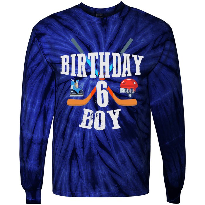 6th Birthday Boy Ice Hockey 6 Years Old Birthday Squad Party Tie-Dye Long Sleeve Shirt