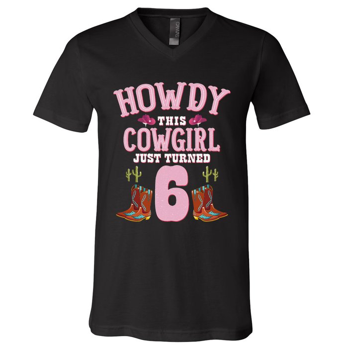 6th Birthday Cow Howdy Western Themed Birthday V-Neck T-Shirt