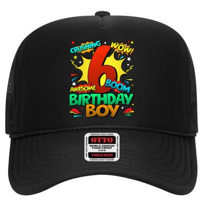 6th Birthday Comic Style 6 Year Old Gifts High Crown Mesh Back Trucker Hat