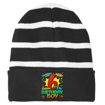 6th Birthday Comic Style 6 Year Old Gifts Striped Beanie with Solid Band