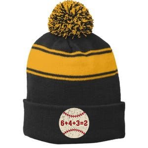 6+4+3=2 Baseball Double Play Retro Funny Baseball Player Stripe Pom Pom Beanie