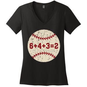 6+4+3=2 Baseball Double Play Retro Funny Baseball Player Women's V-Neck T-Shirt