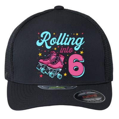 6th Birthday For Girl Roller Skates Rolling Into 6 Flexfit Unipanel Trucker Cap