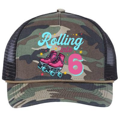 6th Birthday For Girl Roller Skates Rolling Into 6 Retro Rope Trucker Hat Cap