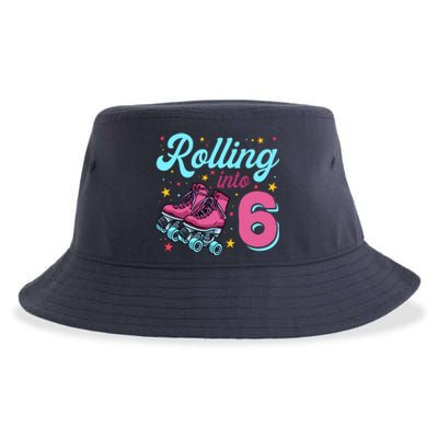 6th Birthday For Girl Roller Skates Rolling Into 6 Sustainable Bucket Hat