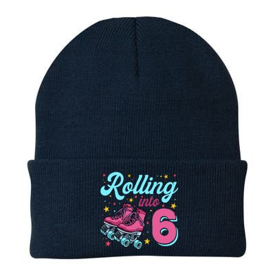 6th Birthday For Girl Roller Skates Rolling Into 6 Knit Cap Winter Beanie