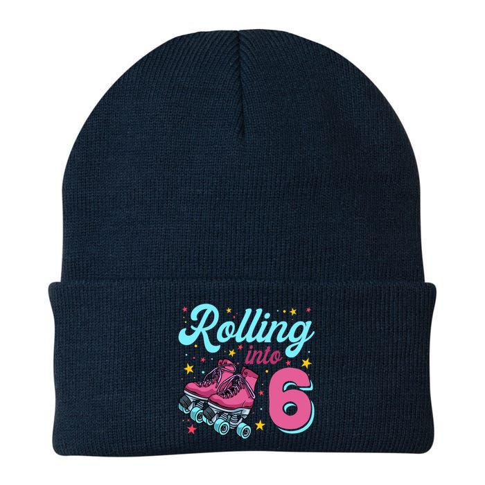 6th Birthday For Girl Roller Skates Rolling Into 6 Knit Cap Winter Beanie