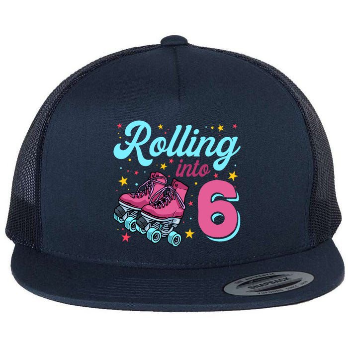 6th Birthday For Girl Roller Skates Rolling Into 6 Flat Bill Trucker Hat