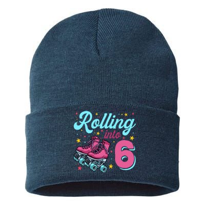 6th Birthday For Girl Roller Skates Rolling Into 6 Sustainable Knit Beanie