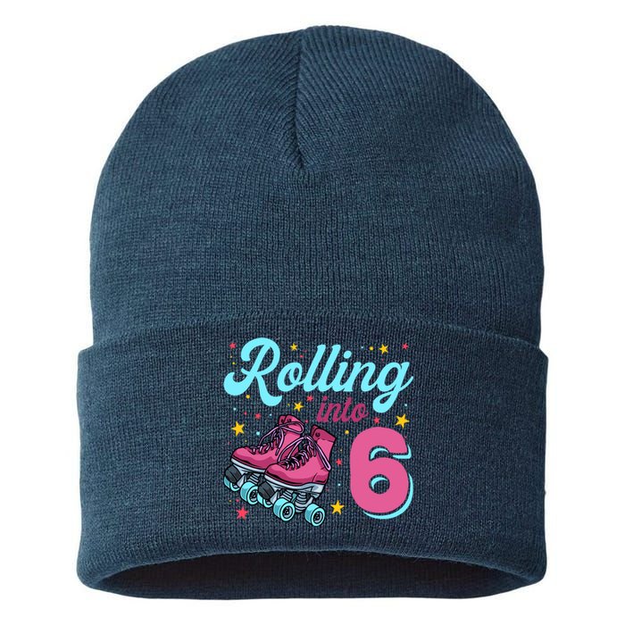 6th Birthday For Girl Roller Skates Rolling Into 6 Sustainable Knit Beanie