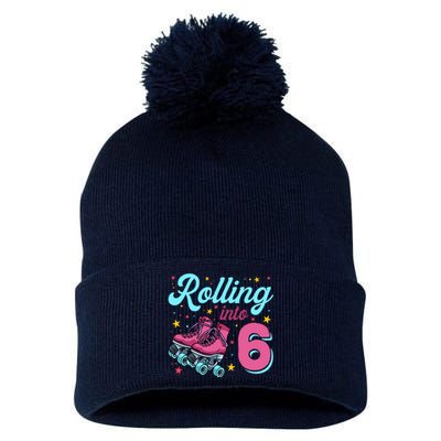 6th Birthday For Girl Roller Skates Rolling Into 6 Pom Pom 12in Knit Beanie