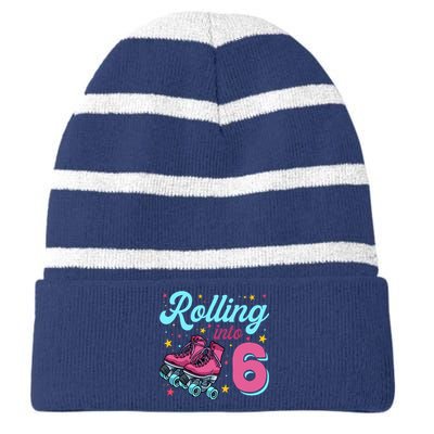 6th Birthday For Girl Roller Skates Rolling Into 6 Striped Beanie with Solid Band