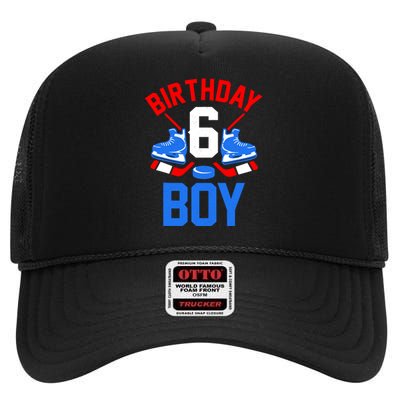 6th Birthday For Girl Boy 6 Yrs Old Ice Hockey Fan High Crown Mesh Back Trucker Hat